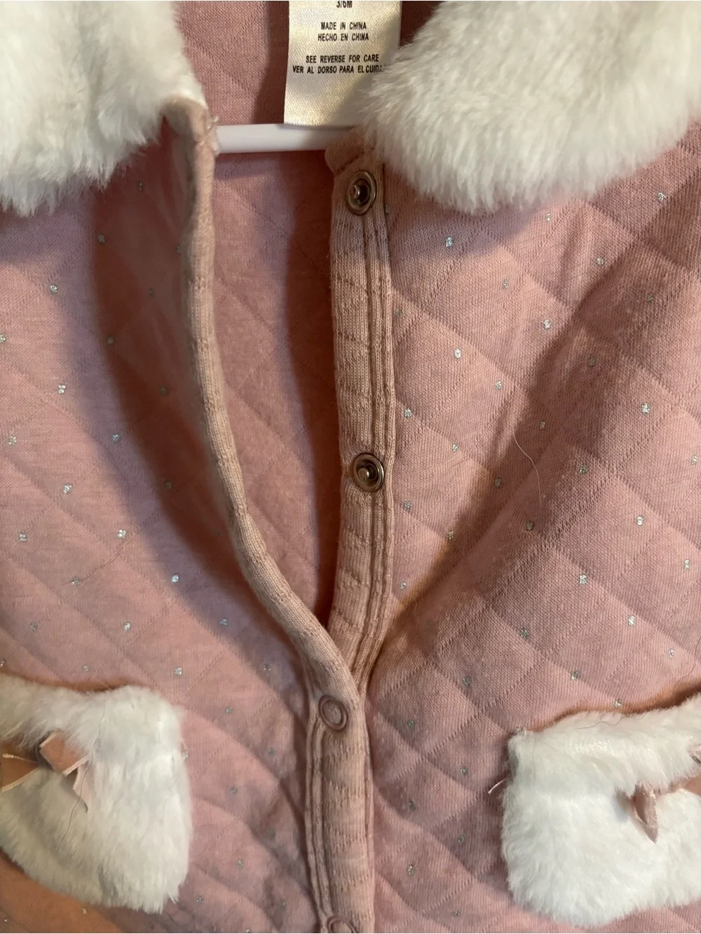 Knit Quilted Faux-Fur Trim Pink Baby One-Piece